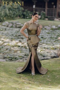 Style 232M1555 Terani Couture Gold Size 14 Floor Length 232m1555 Side slit Dress on Queenly