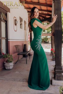 Style 232M1549 Terani Couture Green Size 4 Floor Length 232m1549 Jersey Side slit Dress on Queenly