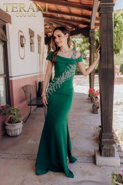 Style 232M1549 Terani Couture Green Size 4 Satin Floor Length Tall Height Side slit Dress on Queenly