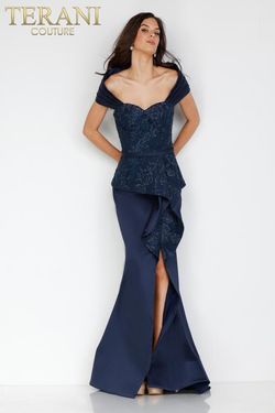 Style 231M0333 Terani Couture Blue Size 12 Black Tie Tall Height Navy Side slit Dress on Queenly