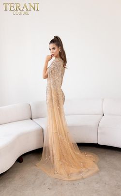 Style 241GL2634 Terani Couture Nude Size 12 Tall Height Floor Length Jewelled Straight Dress on Queenly
