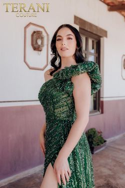 Style 232GL1479 Terani Couture Green Size 16 Plus Size Tall Height Side slit Dress on Queenly