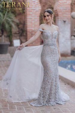 Style 232GL1417 Terani Couture Silver Size 4 232gl1417 Tall Height Straight Dress on Queenly