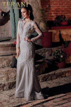 Style 232GL1454 Terani Couture Silver Size 8 Floor Length 232gl1454 Straight Dress on Queenly