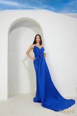 Style 241P2008 Terani Couture Blue Size 18 Floor Length Military Jersey Straight Dress on Queenly
