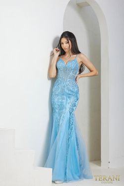 Style 241P2294 Terani Couture Blue Size 6 Floor Length Tall Height Straight Dress on Queenly