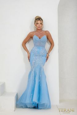 Style 241P2171 Terani Couture Blue Size 4 Floor Length Pageant Prom Mermaid Dress on Queenly