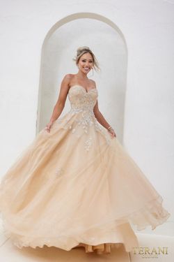 Style 241P2216 Terani Couture Gold Size 14 Tall Height Floor Length Ball gown on Queenly
