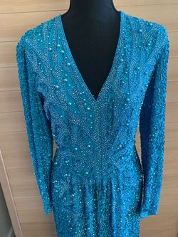 Oleg Cassini Blue Size 6 50 Off Pageant Long Sleeve Side slit Dress on Queenly
