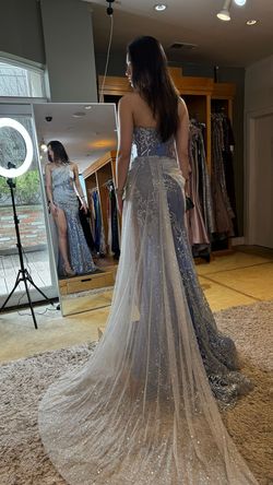 Style PS23924 Portia and Scarlett Blue Size 0 Pageant One Shoulder Tall Height Floor Length Train Dress on Queenly