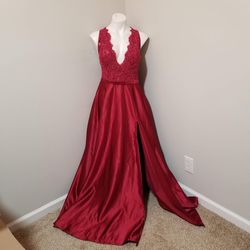 JJs House Red Size 12 Plunge Floor Length Custom A-line Dress on Queenly