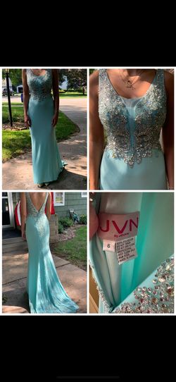 Jovani Blue Size 6 Beaded Top Swoop Straight Dress on Queenly