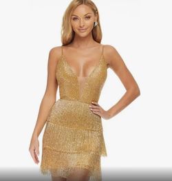 Ashley Lauren Gold Size 4 Mini Fringe Jewelled Cocktail Dress on Queenly