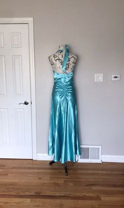 Jessica McClintock Blue Size 6 Halter Mermaid Fun Fashion Shiny Wedding Guest A-line Dress on Queenly