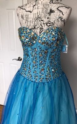 Ice & Fire Blue Size 12 Spaghetti Strap Sequined Sheer Padded Ball gown on Queenly
