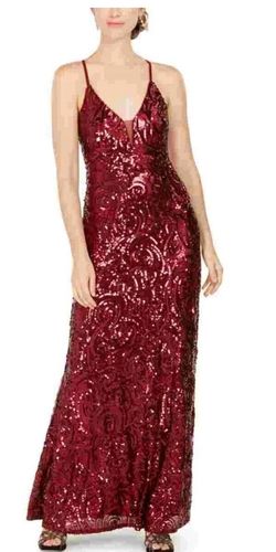 Nightway Red Size 12 V Neck Sequined Plus Size A-line Dress on Queenly