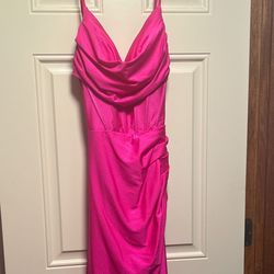 Ellie Wilde Pink Size 0 Floor Length Plunge Pageant Jersey Side slit Dress on Queenly