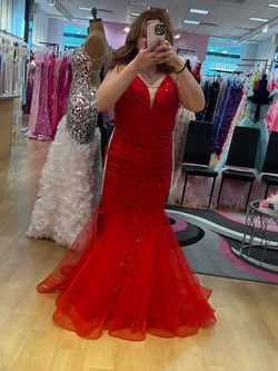 Jovani Red Size 12 Plus Size Pageant Jersey Prom Mermaid Dress on Queenly