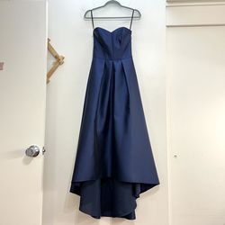 Style D699 Alfred Sung Blue Size 8 Strapless Pockets Military Polyester A-line Dress on Queenly