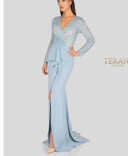 Terani Couture Blue Size 20 Swoop Long Sleeve Side slit Dress on Queenly