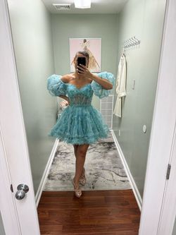 Style 55624 Sherri Hill Blue Size 2 Floral Flare 55624 Cocktail Dress on Queenly