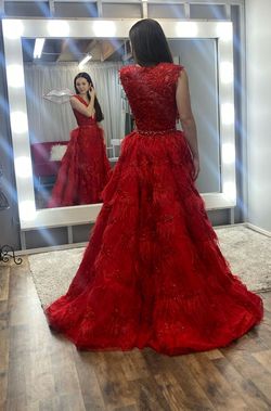 Style CL2096 Colette Red Size 2 Floor Length Prom Pageant Train Dress on Queenly