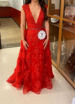 Style CL2096 Colette Red Size 2 Floor Length Prom Pageant Train Dress on Queenly