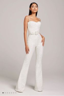 Style Lucinda Nadine Merabi White Size 4 Jersey Pageant Jumpsuit Dress on Queenly