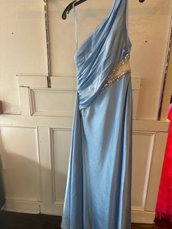 Style 2210 Mac Duggal Blue Size 0 One Shoulder Jersey Straight Dress on Queenly