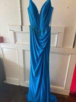 Style 11688 Ashley Lauren Blue Size 0 Plunge Floor Length Corset 11688 Mermaid Dress on Queenly