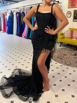 Style 28583 Ava Presley Black Size 6 Floor Length Pageant 28583 Square Side slit Dress on Queenly