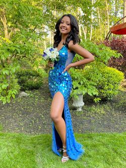 Jovani Blue Size 4 Prom Tall Height Floor Length Side slit Dress on Queenly