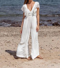 Style 1-2274427701-70 SCARLETT POPPIES White Size 0 Ruffles Bachelorette Bridal Shower Jumpsuit Dress on Queenly