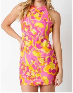 Style 1-2363360583-74 OLIVACEOUS Pink Size 4 Casual Halter Summer Cocktail Dress on Queenly