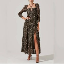 Style 1-3263852612-74 ASTR Black Size 4 Floral Halter Polyester Straight Dress on Queenly