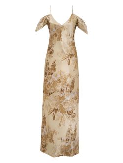 Style 1-2483909545-149 Gold Hawk Brown Size 12 Floral Silk Side Slit Straight Dress on Queenly