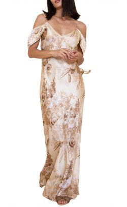 Style 1-2483909545-149 Gold Hawk Brown Size 12 Floral Silk Side Slit Straight Dress on Queenly