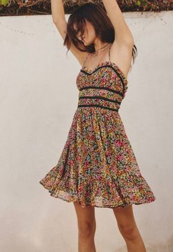 Style 1-2585417182-149 DRESS FORUM Brown Size 12 Ruffles Polyester Backless Floral Cocktail Dress on Queenly