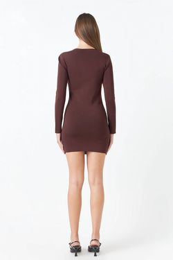 Style 1-2671042016-149 2.7 AUGUST APPAREL Brown Size 12 Long Sleeve Mini Fitted Plus Size Cocktail Dress on Queenly