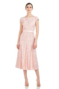 Style 1-100143460-397 Kay Unger Pink Size 14 Tea Length Floral Boat Neck Cocktail Dress on Queenly