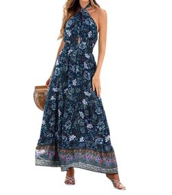 Style 1-3462066461-149 ePretty Blue Size 12 Floor Length Halter Floral Navy Straight Dress on Queenly