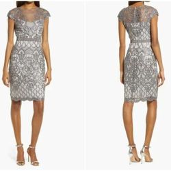 Tadashi Shoji Silver Size 12 Sequined Plus Size Shiny Cocktail Dress on Queenly