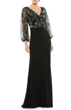 Mac Duggal Black Size 8 V Neck Floral A-line Dress on Queenly