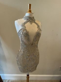Style Rhinestone Crystal Beaded Halter Dress Darius Cordell Nude Size 2 Free Shipping Jewelled Cocktail Dress on Queenly