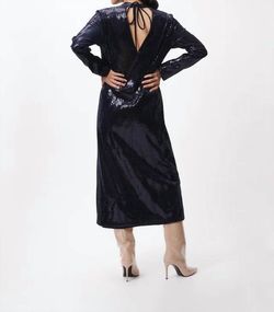 Style 1-2008058694-74 FRNCH Blue Size 4 Sleeves Floor Length Navy Straight Side slit Dress on Queenly