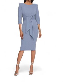 Style 1-2543388513-238 Joseph Ribkoff Blue Size 12 Polyester Spandex Belt Boat Neck Cocktail Dress on Queenly