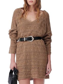 Style 1-489896322-74 IRO Brown Size 4 Mini Long Sleeve V Neck Sleeves Cocktail Dress on Queenly