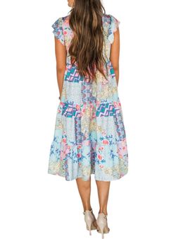 Style 1-3050099558-74 SUNDAYUP Blue Size 4 Cap Sleeve V Neck Cocktail Dress on Queenly