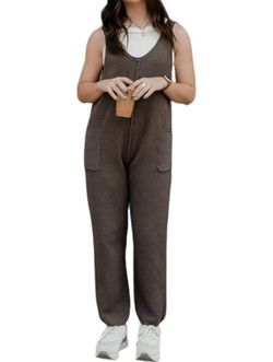 Style 1-2463662914-149 Ces Femme Brown Size 12 V Neck Jumpsuit Dress on Queenly