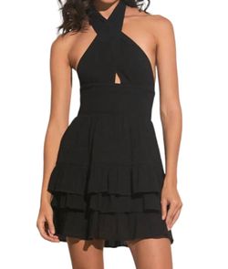 Style 1-3836227077-74 ELAN Black Size 4 1-3836227077-74 Mini V Neck Halter Cocktail Dress on Queenly